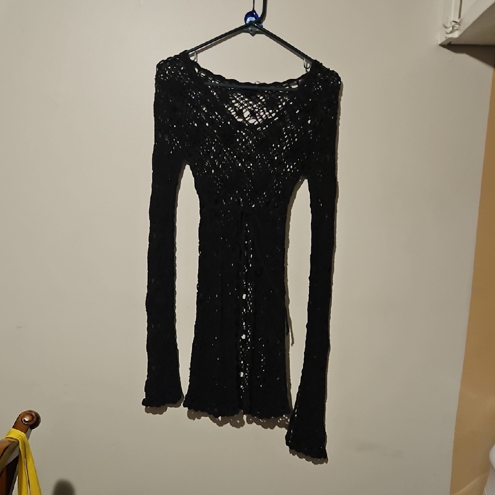 Black Crochet Long-Sleeve Women's Top
